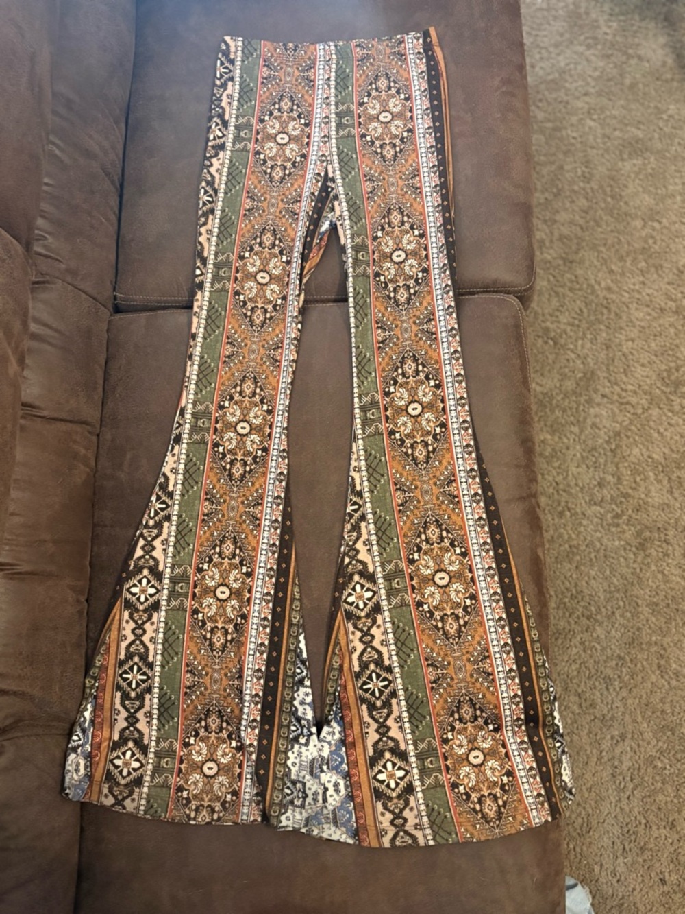 Windsor Multi-Pattern Boho Flare Pants in Brown and Olive